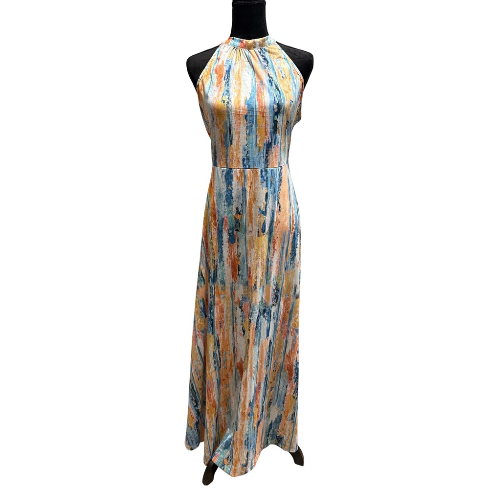 Styleword Womens Halter Neck Maxi Dress Abstract Blue Orange Print Size Medium